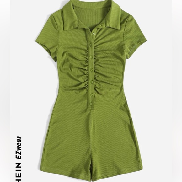 Green Ruched Rib-Knit Romper - Picture 1 of 2